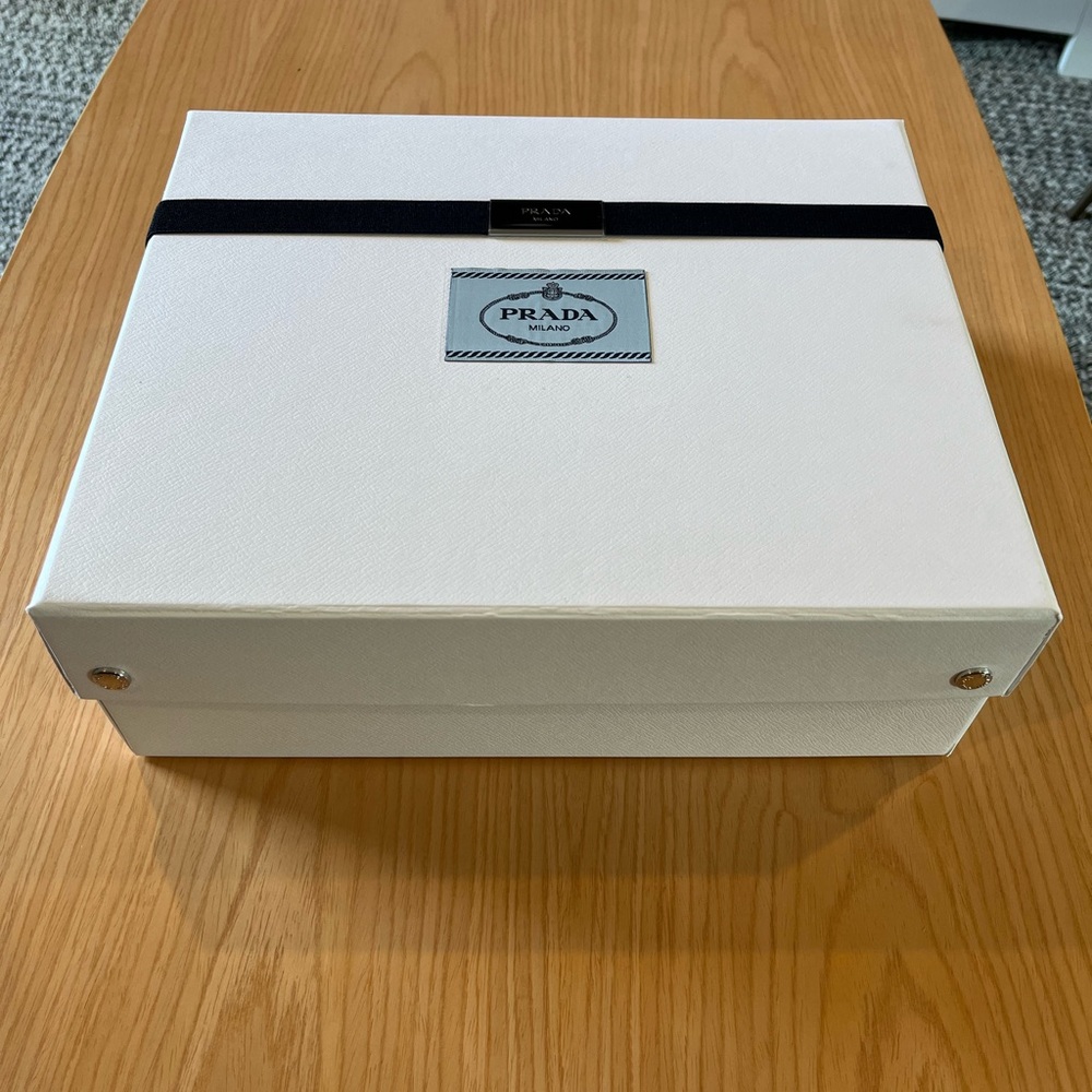 Authentic Prada Milano White Shoe Box w/ Ribbon & Plaque – 12.5” x 10.5” x 4.5” - Picture 3 of 9